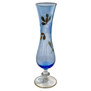 Vintage 1960s Tiffin glass Copen Blue Footed Vase with Etched and Gold Flowers